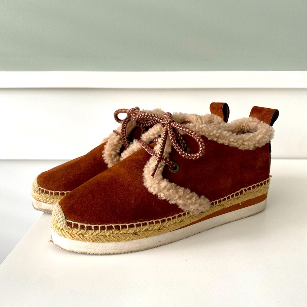 See by Chloe Brown Suede Shearling Platform Espadrille Sneaker
